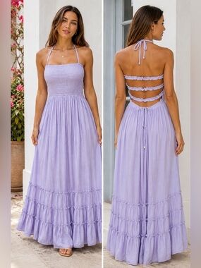R. YIPOSHA Lavender Smocked Halter Maxi Dress Open Back Boho Size L 12/14